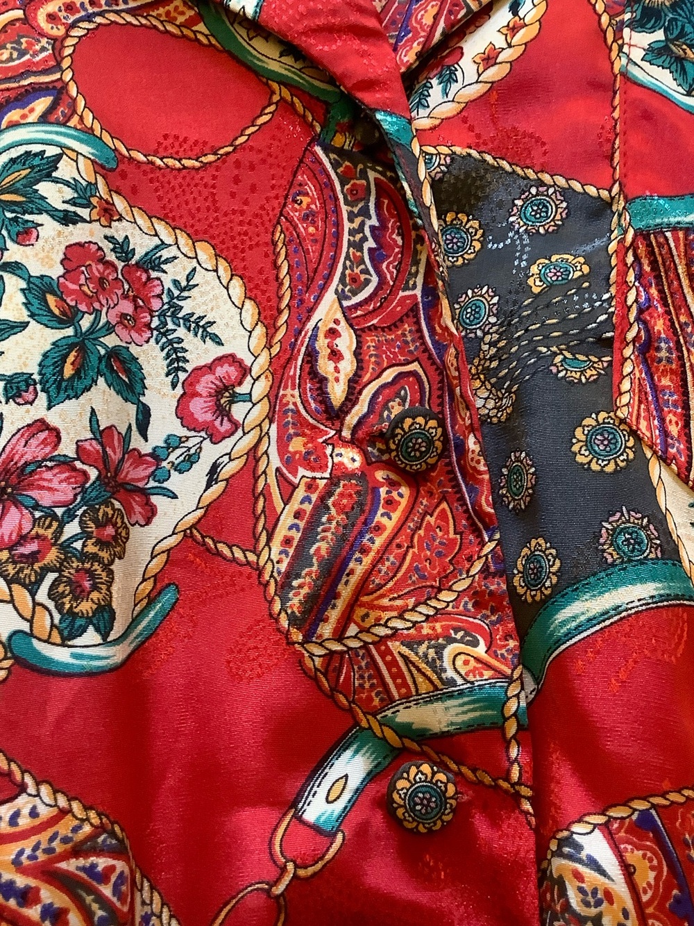 Vintage Retro Mono New York Red Paisley Long-Sleeve Midi Shirt Dress - Picture 9 of 10